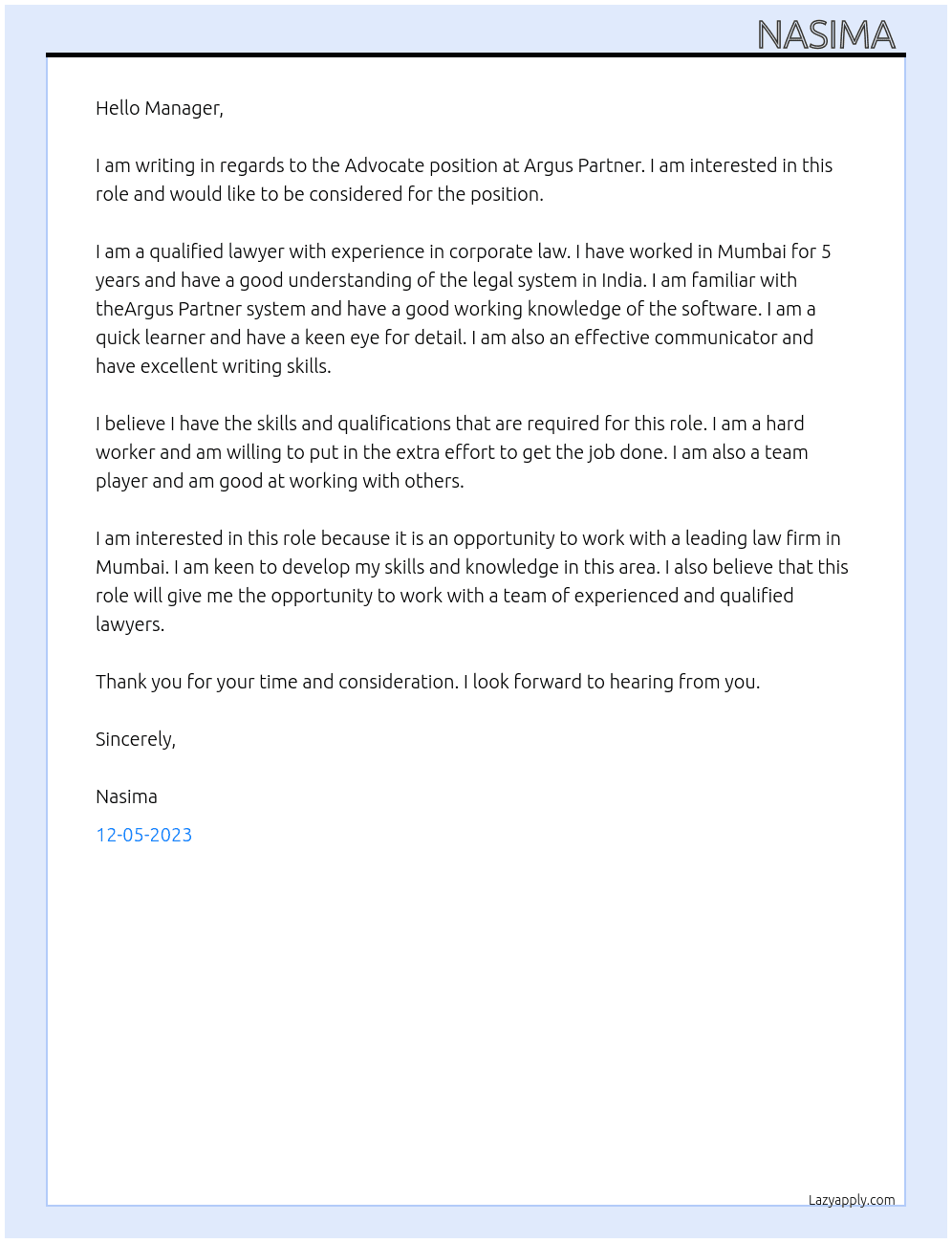 Advocate  At Argus Partner  Cover Letter