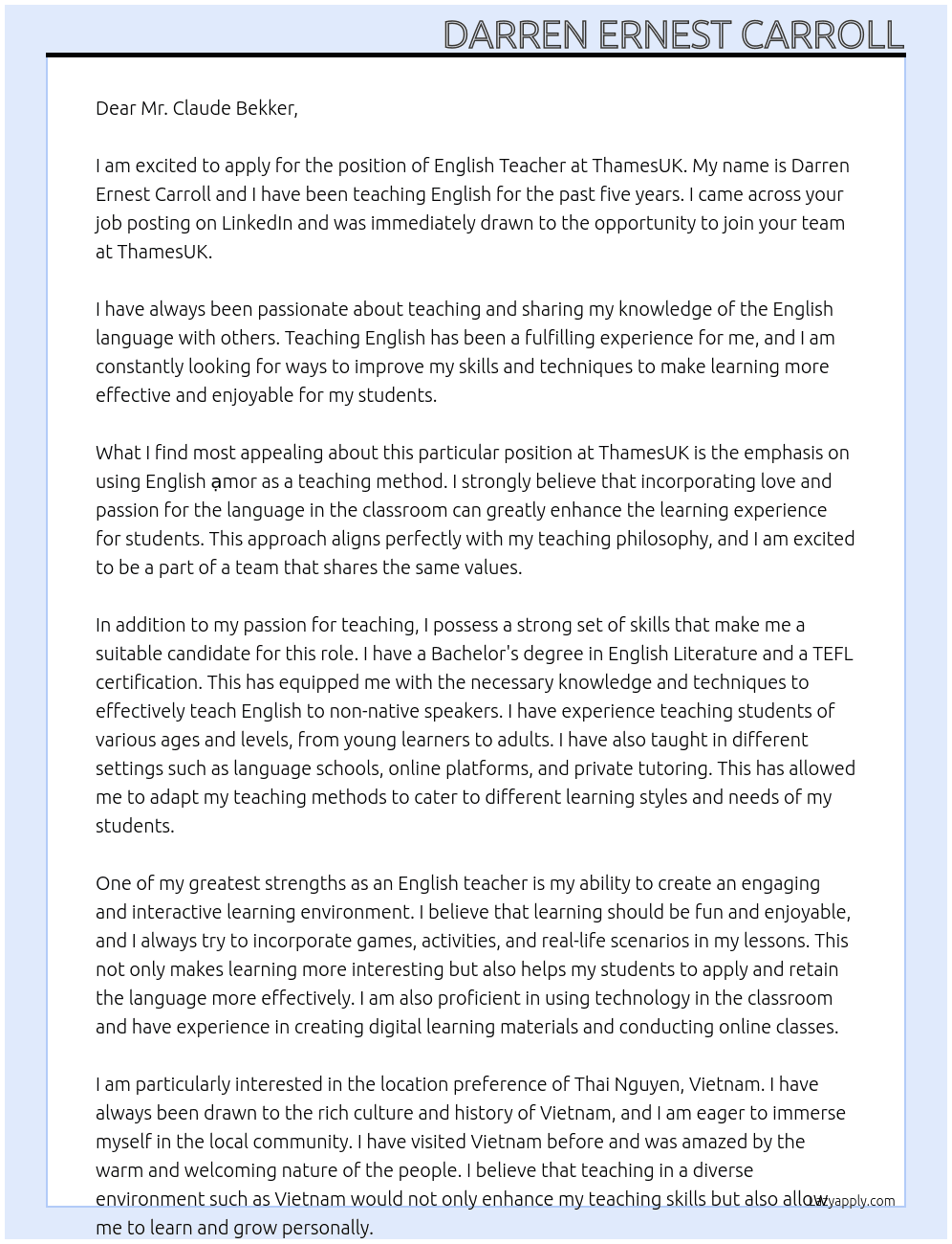 English Teacher At ThamesUK Cover Letter