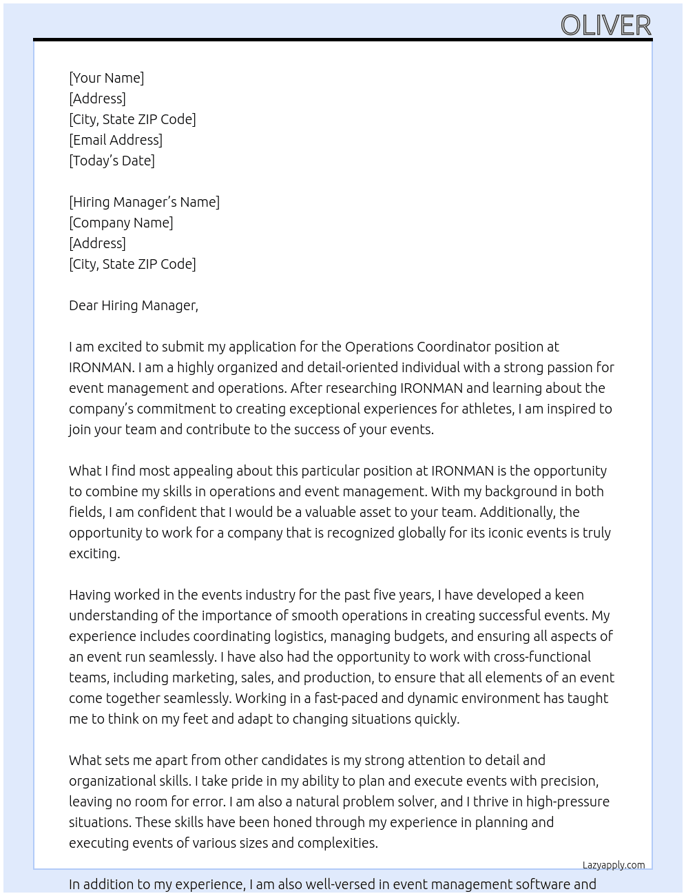 operations coordinator At IRONMAN Cover Letter