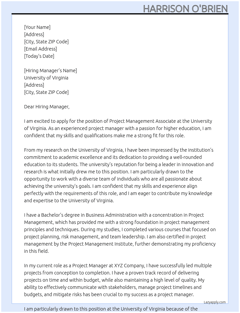 Project Management Associate At University of Virginia Cover Letter
