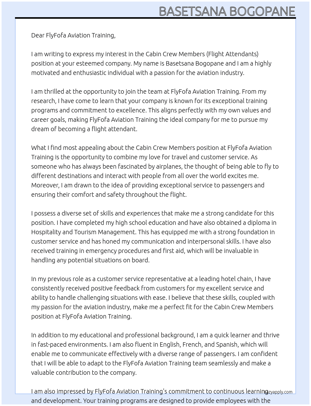 Cabin Crew Members (Flight Attendants) At FlyFofa Aviation Training Cover Letter