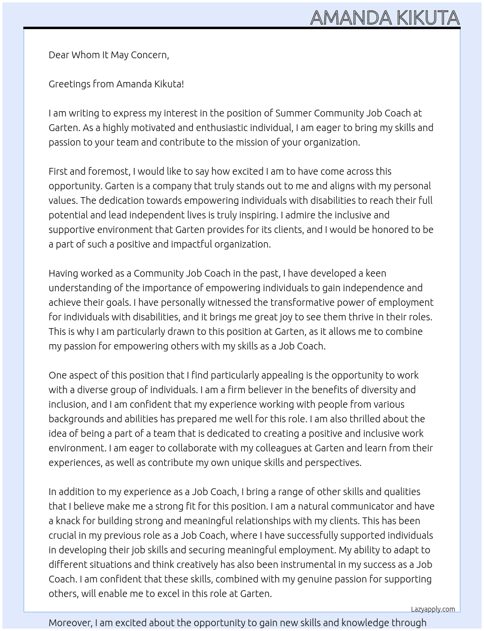 Summer Community Job Coach  At Garten  Cover Letter