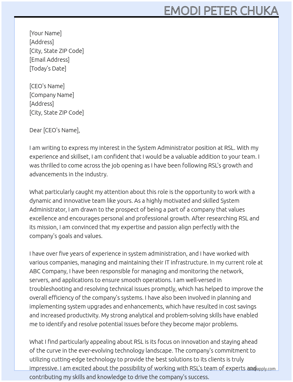 system Administrator At RSL Cover Letter