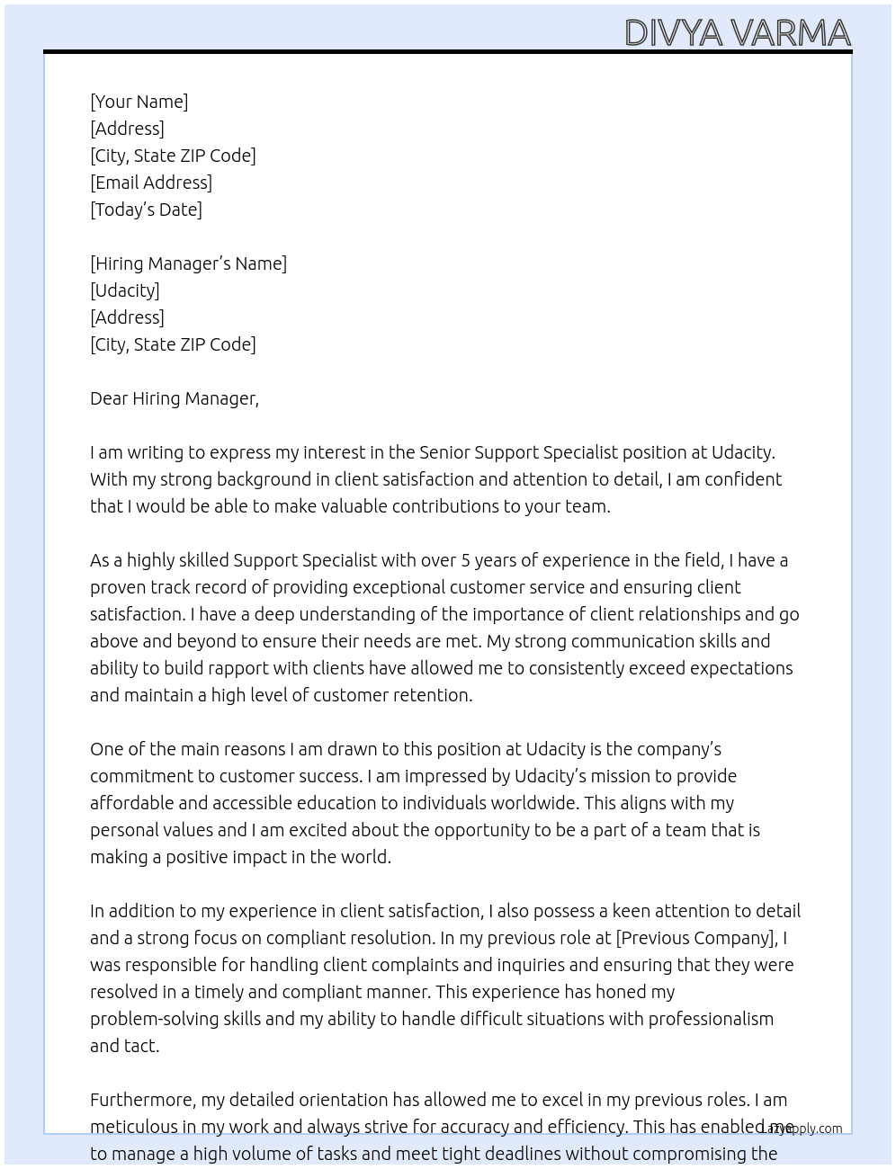 Senior Support Specialist At Udacity Cover Letter