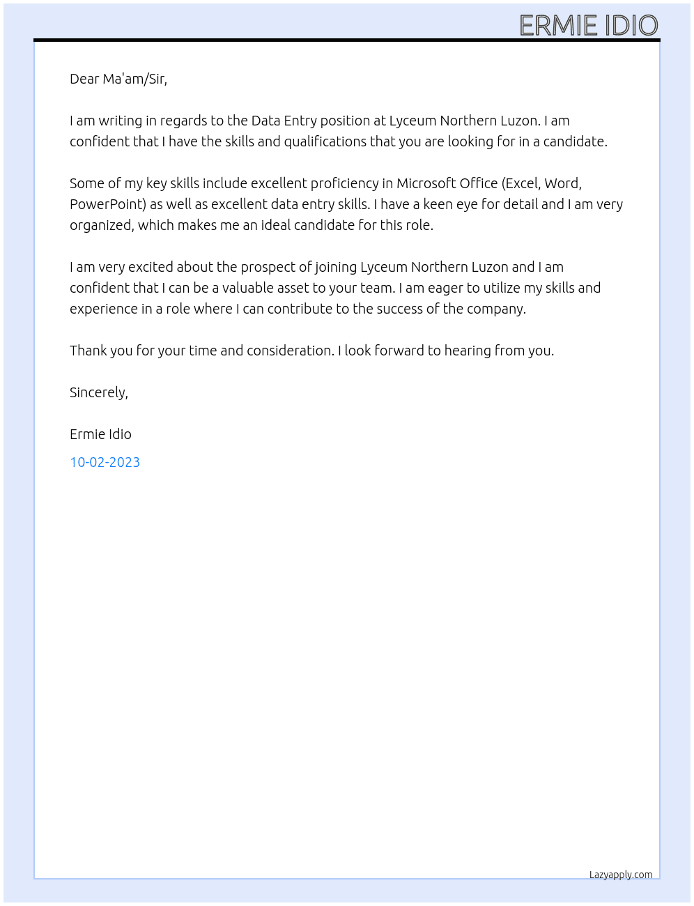 data entry At Lyceum Northern Luzon Cover Letter
