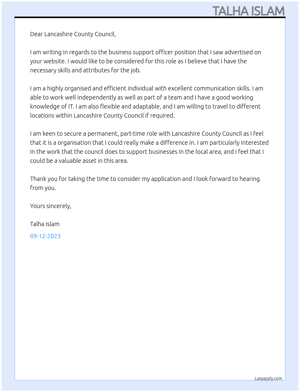 Business support officer  At Lancashire County Council  Cover Letter