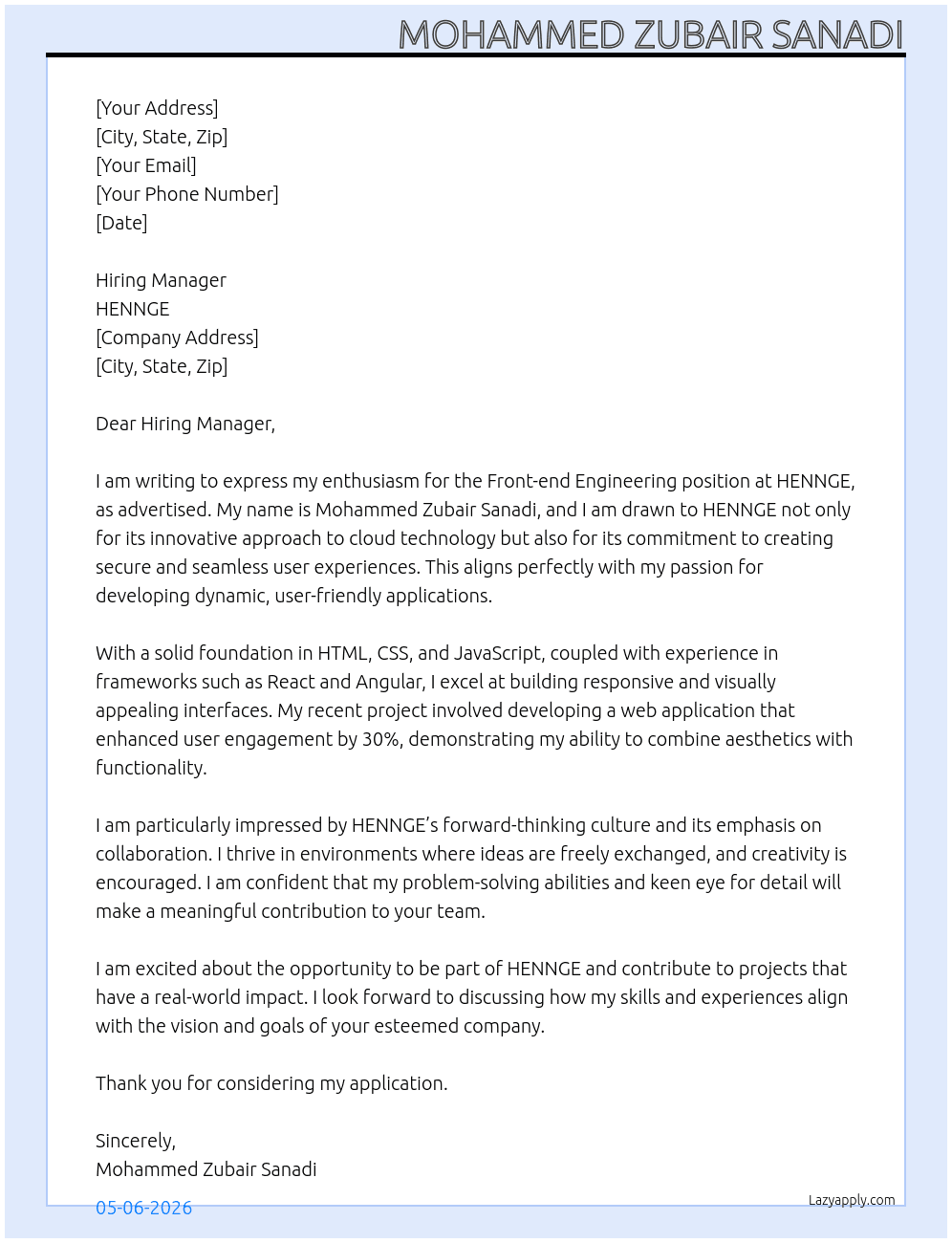 Cover letter for front-end engineering - LazyApply