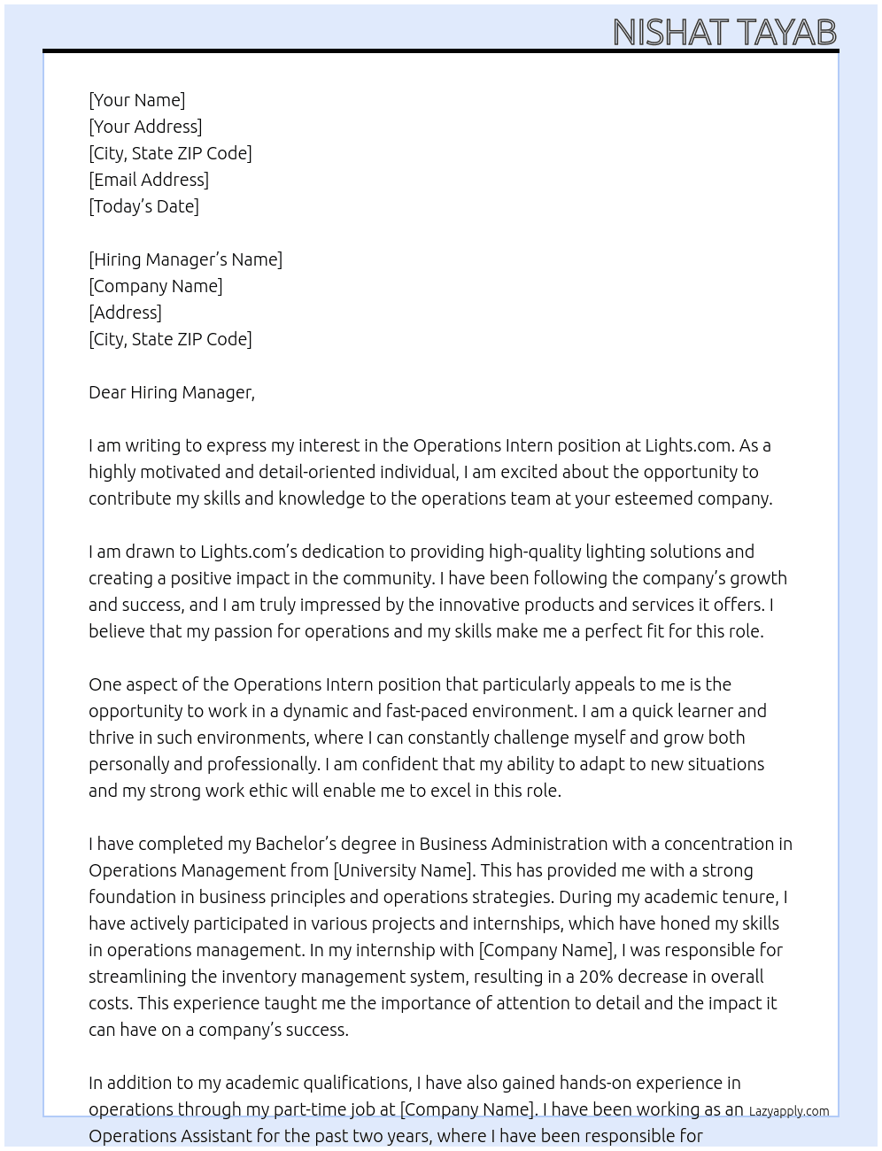 Operations Intern At Lights.com Cover Letter