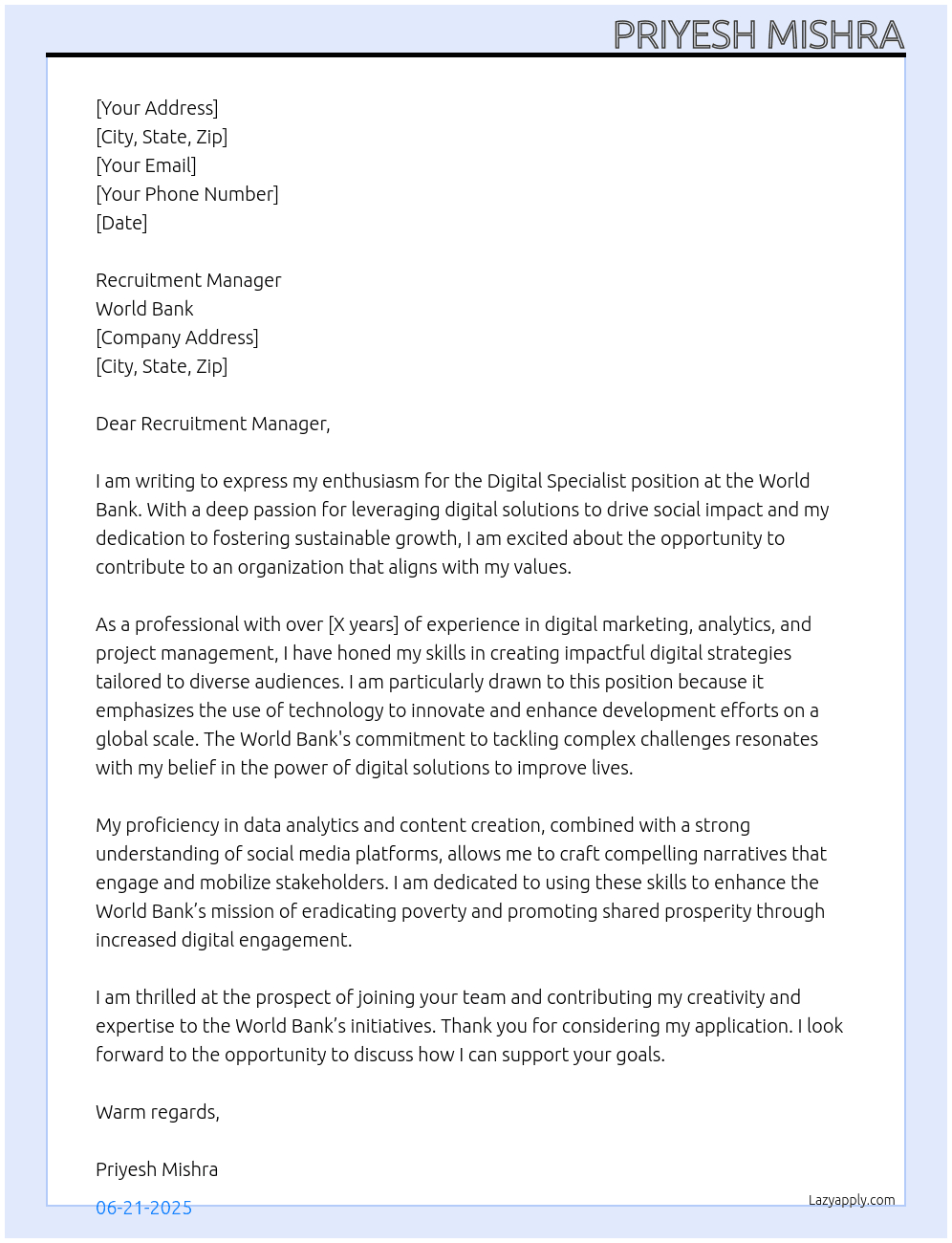 Digital Specialist At World Bank Cover Letter