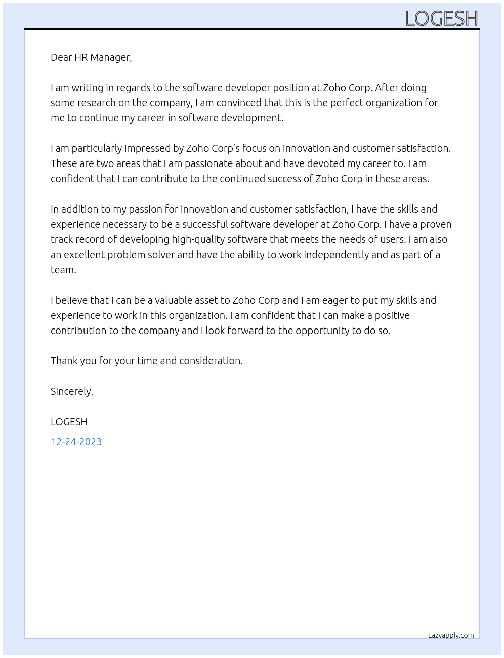 Software developer  At Zoho corp Cover Letter
