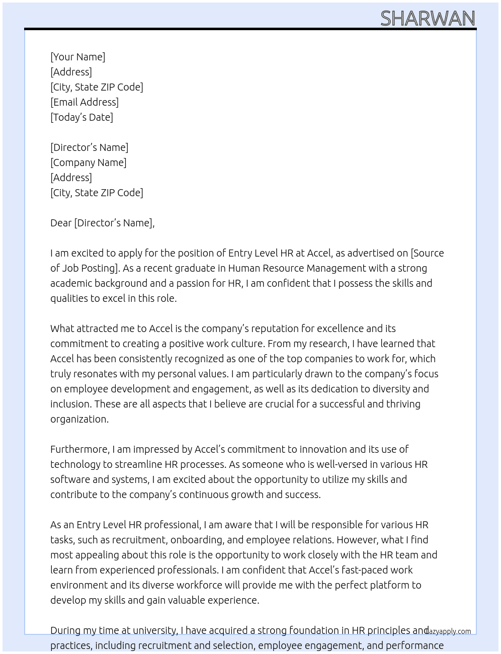 Entry level HR At Accel Cover Letter