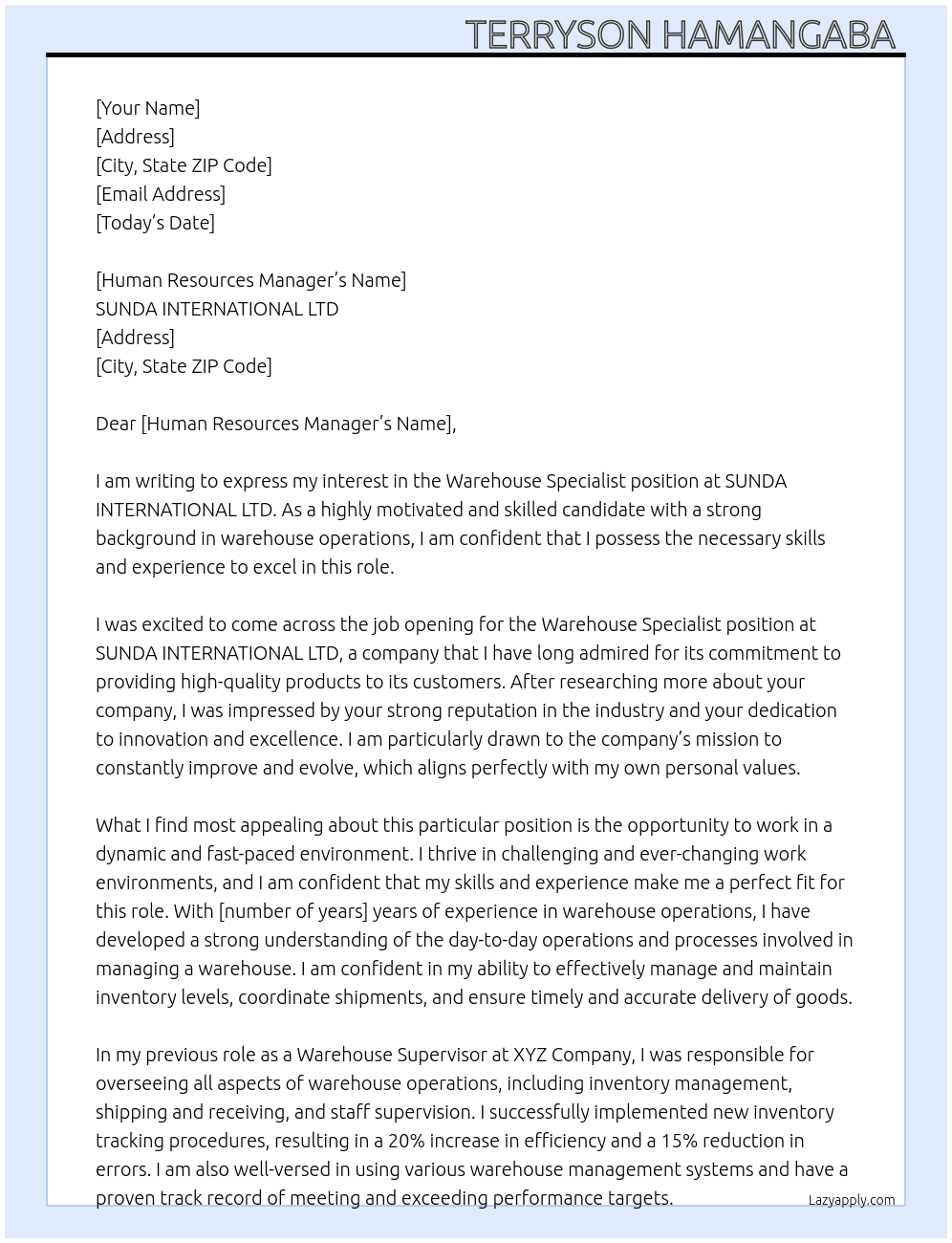 Warehouse Specialist  At SUNDA INTERNATIONAL LTD Cover Letter
