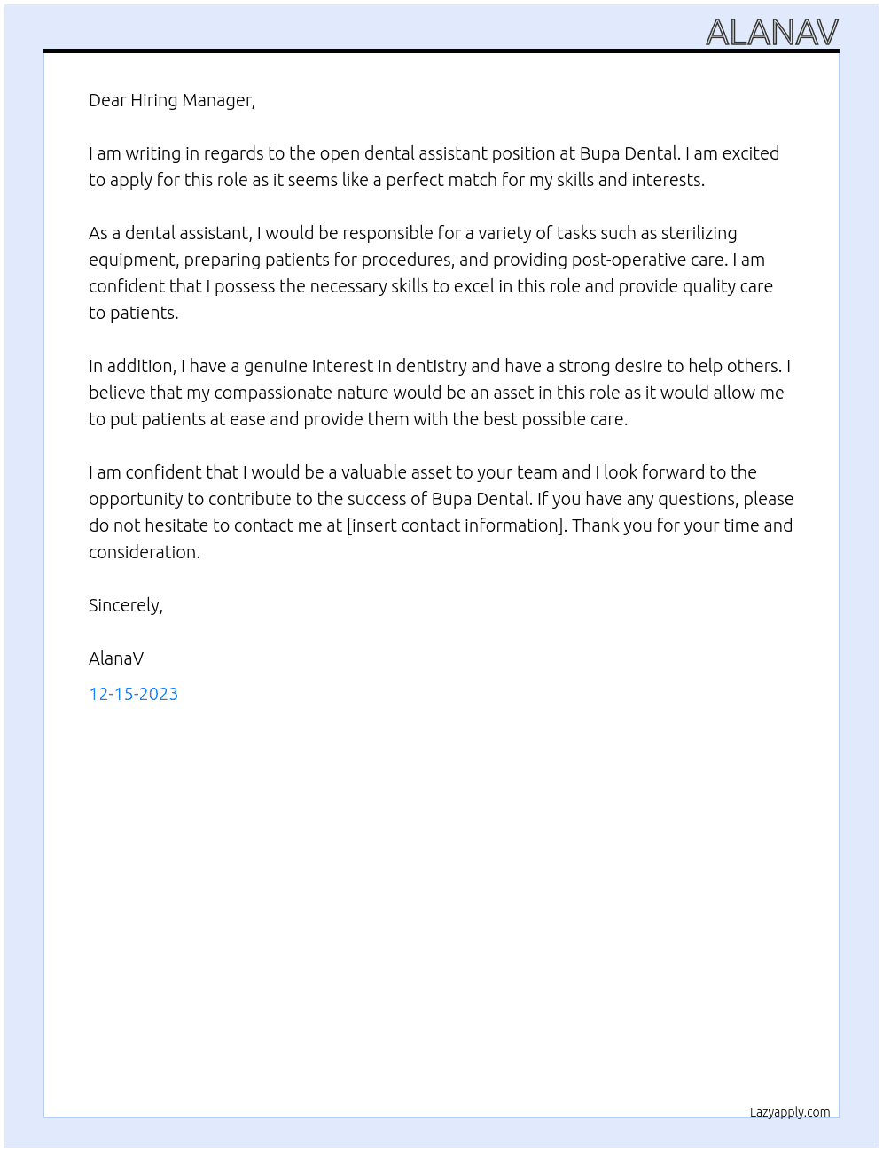 Dental Assistant At Bupa Dental Cover Letter