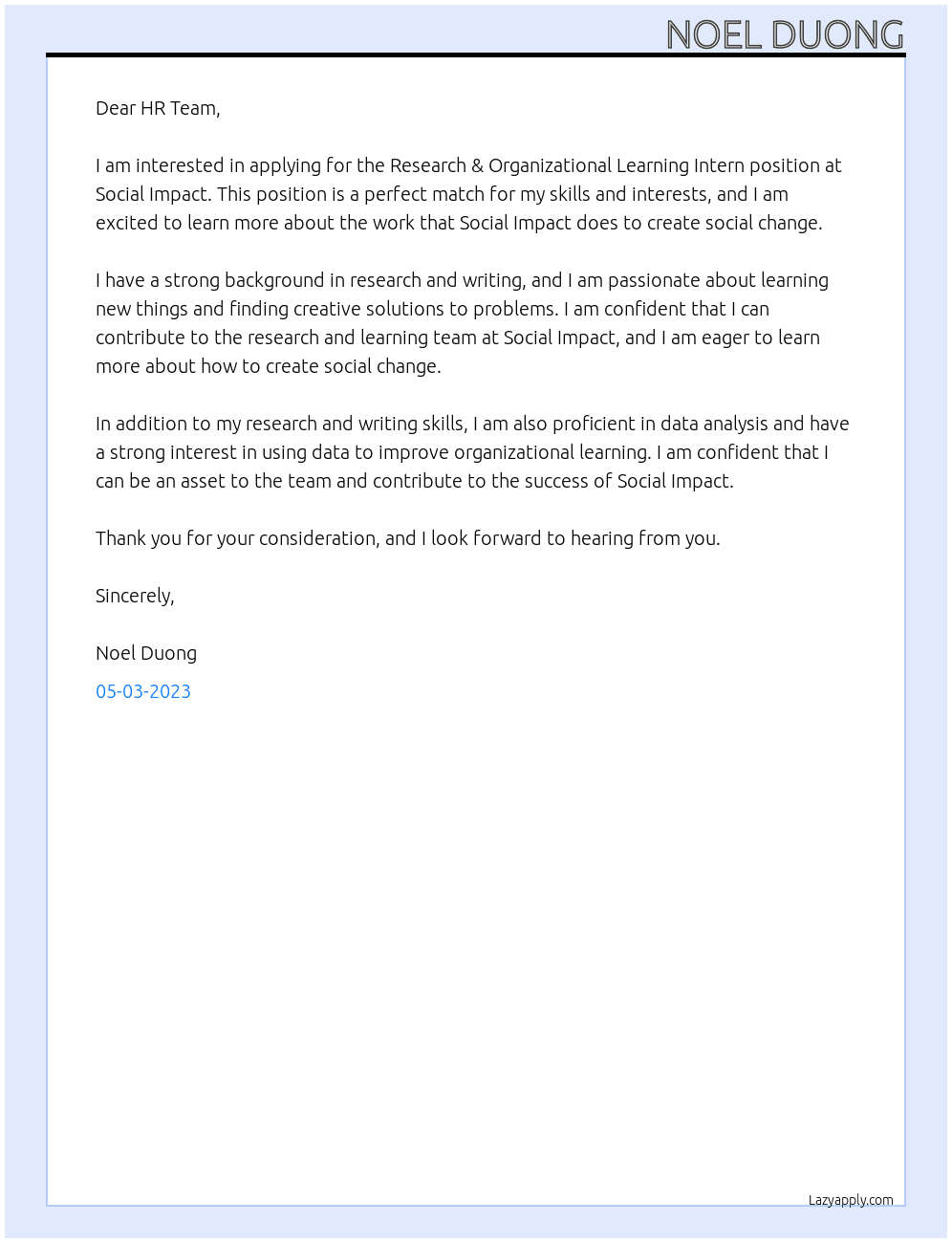Research & Organizational Learning Intern At Social Impact Cover Letter