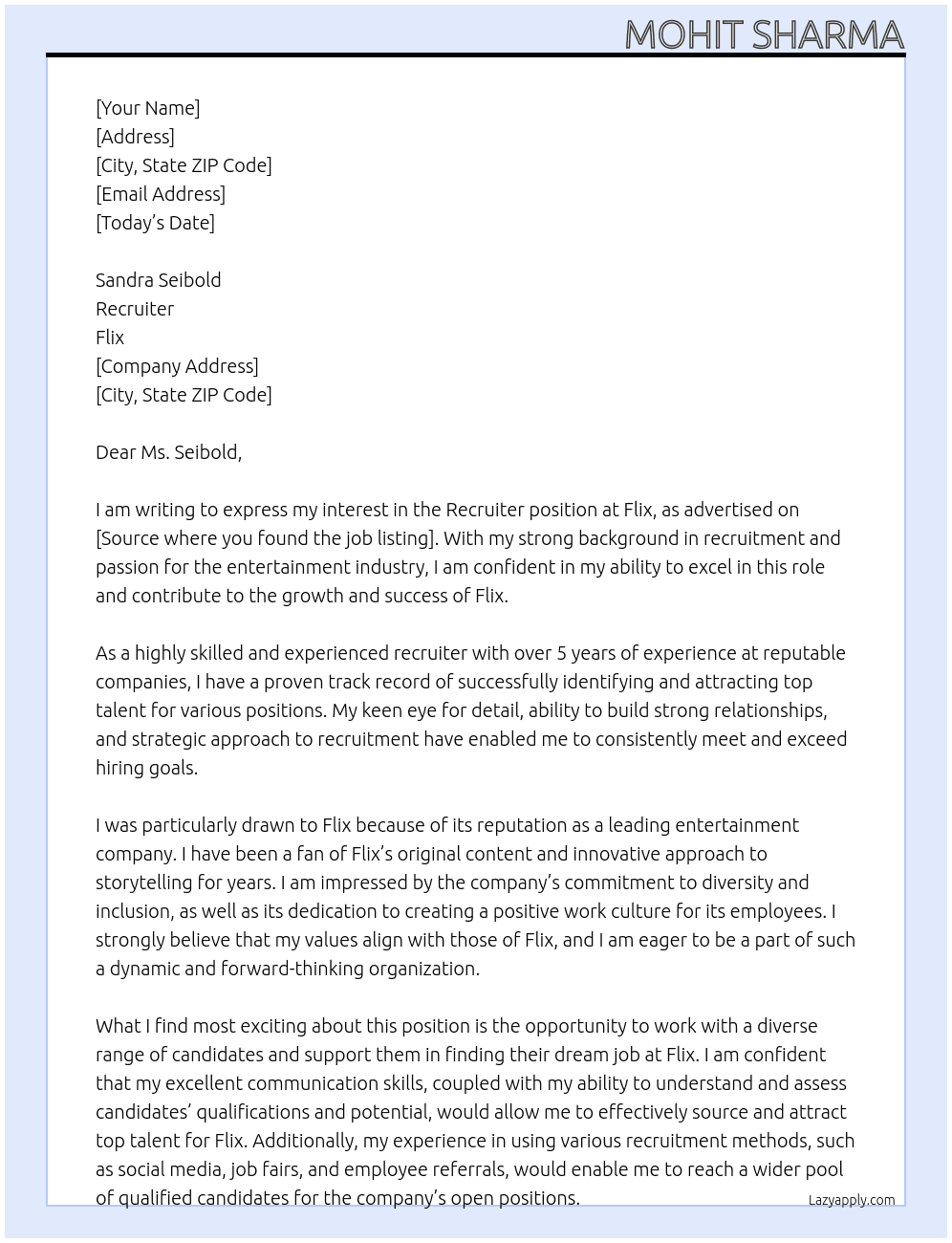 Recruiter  At Flix Cover Letter
