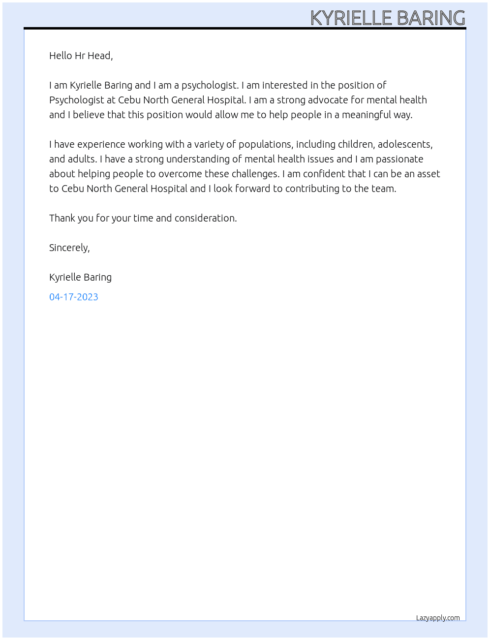 Psychologist At Cebu North General Hospital Cover Letter
