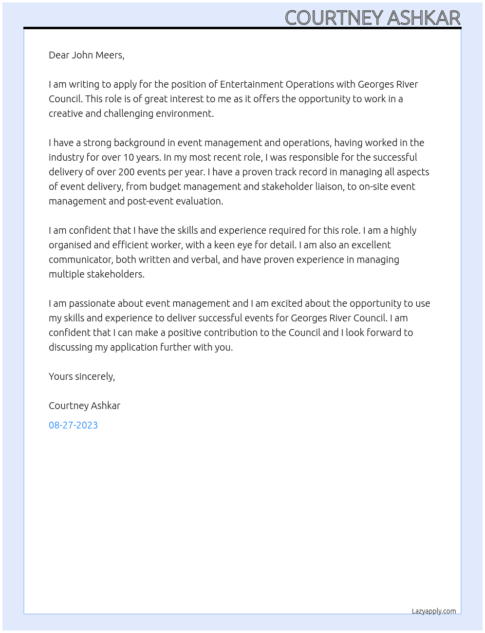 Entertainemnt Operations At Georges River Council Cover Letter