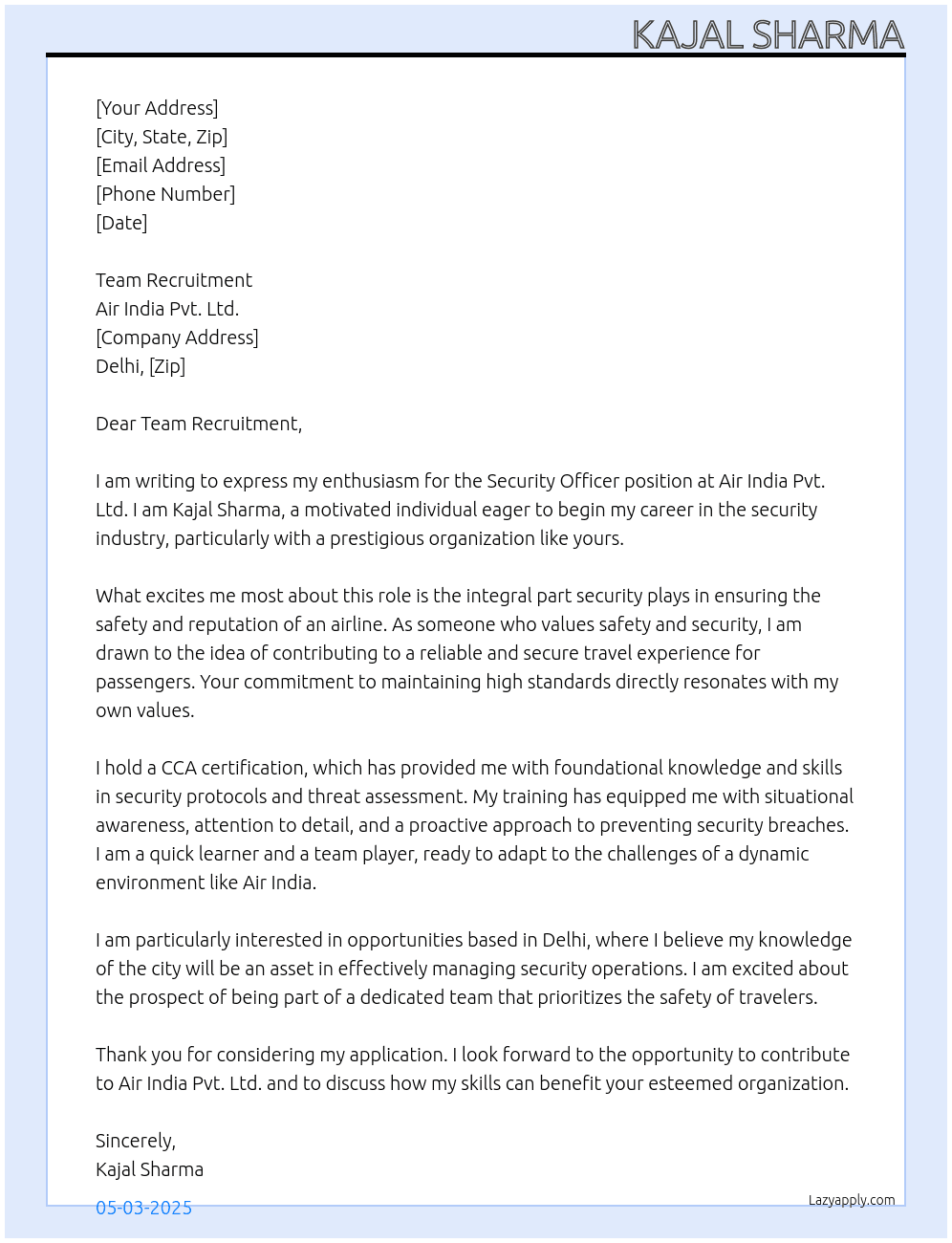 Security officer At air india pvt.ltd Cover Letter