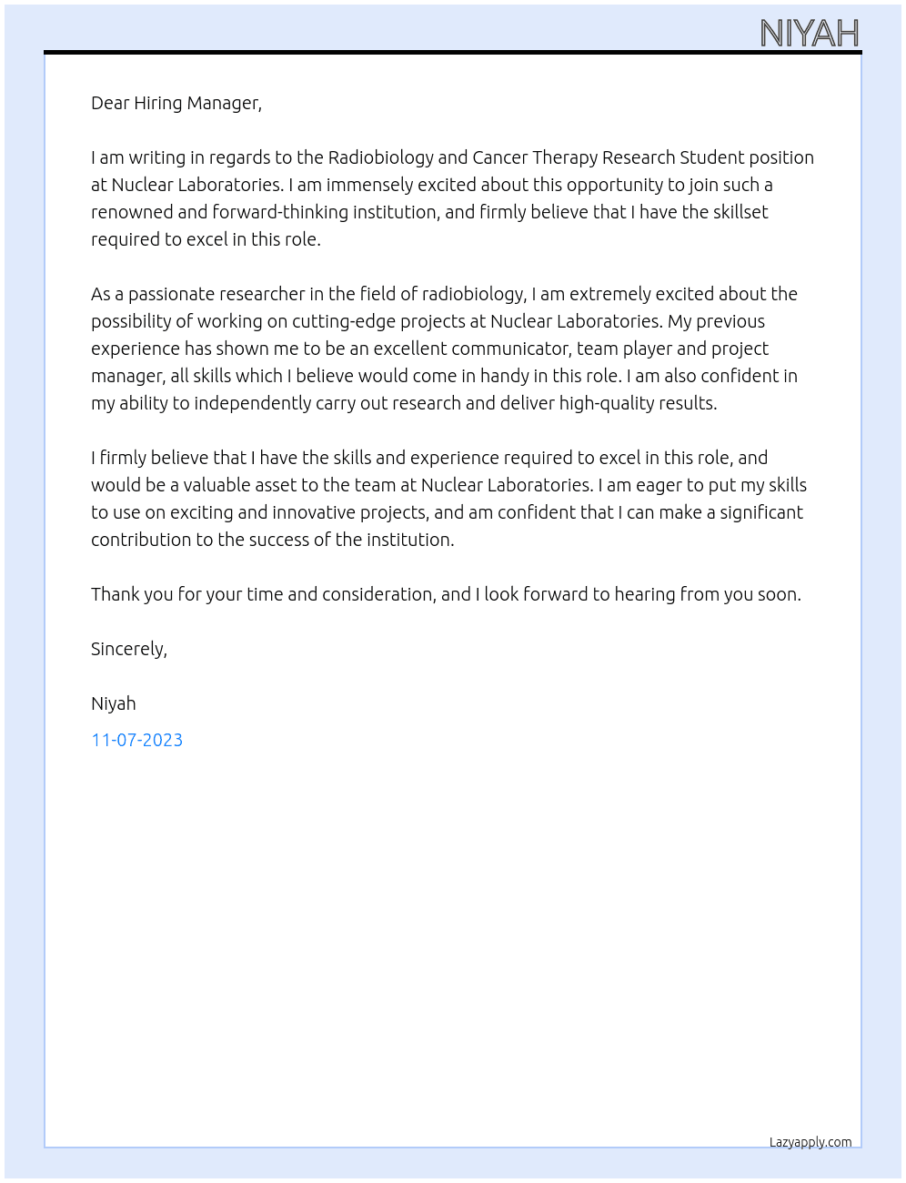 Radiobiology and Cancer Therapy Research Student At Nuclear Labratories Cover Letter