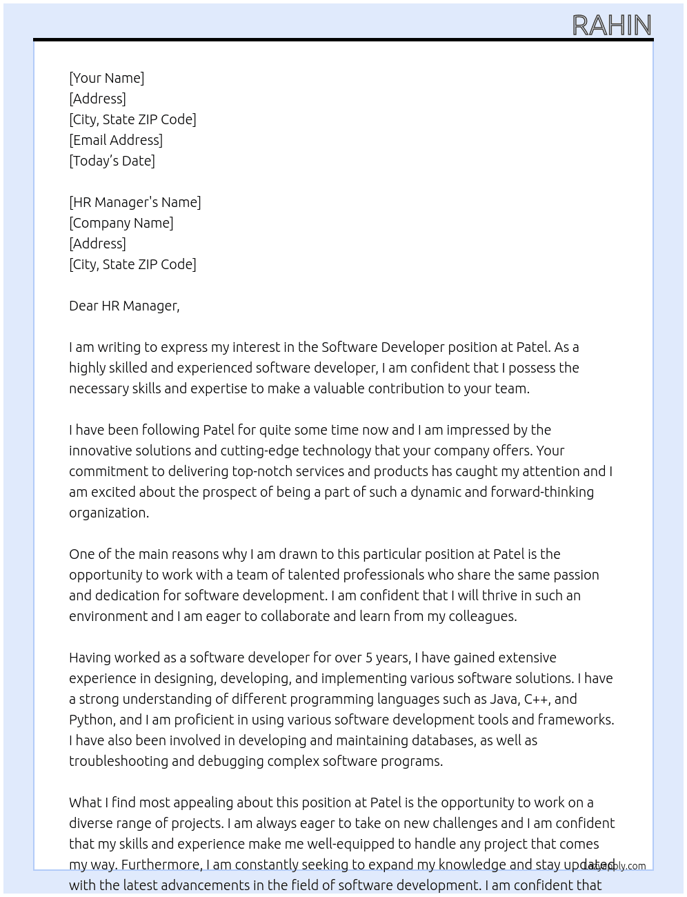 Software developer At patel Cover Letter