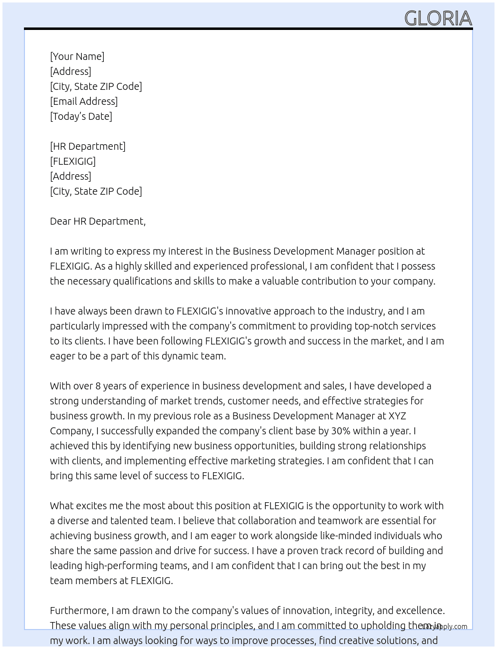 BUSINESS DEVELOPMENT MANAGER At FLEXIGIG Cover Letter
