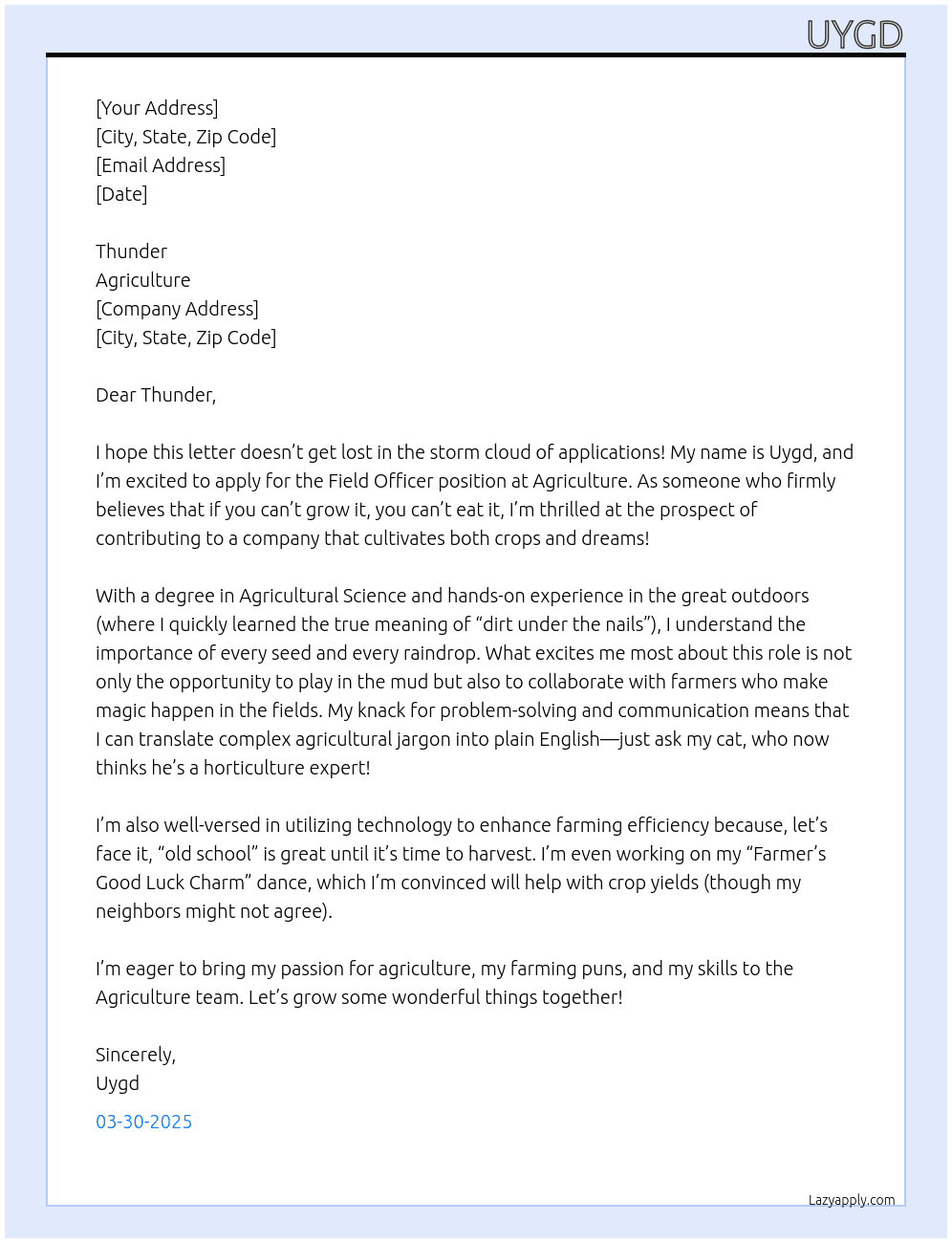 Field Officer At agriculture Cover Letter