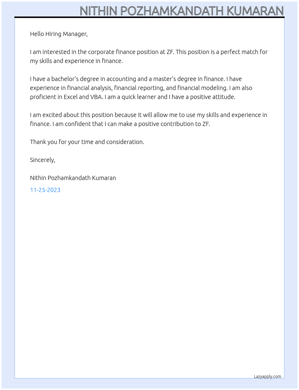 cooperate finance At ZF Cover Letter