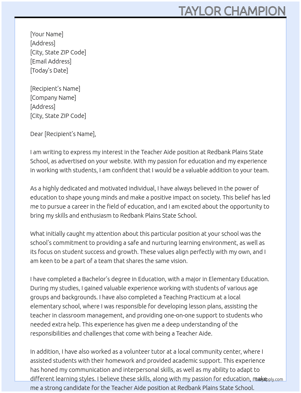 Teacher Aide At Redbank Plains State School Cover Letter