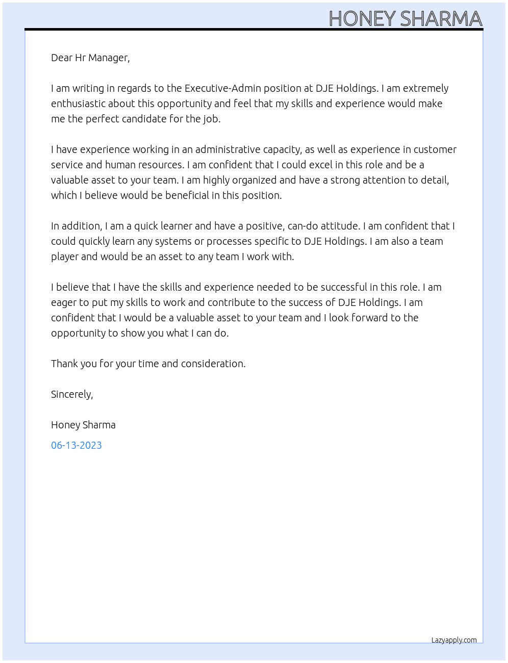 Executive- Admin At DJE Holdings Cover Letter