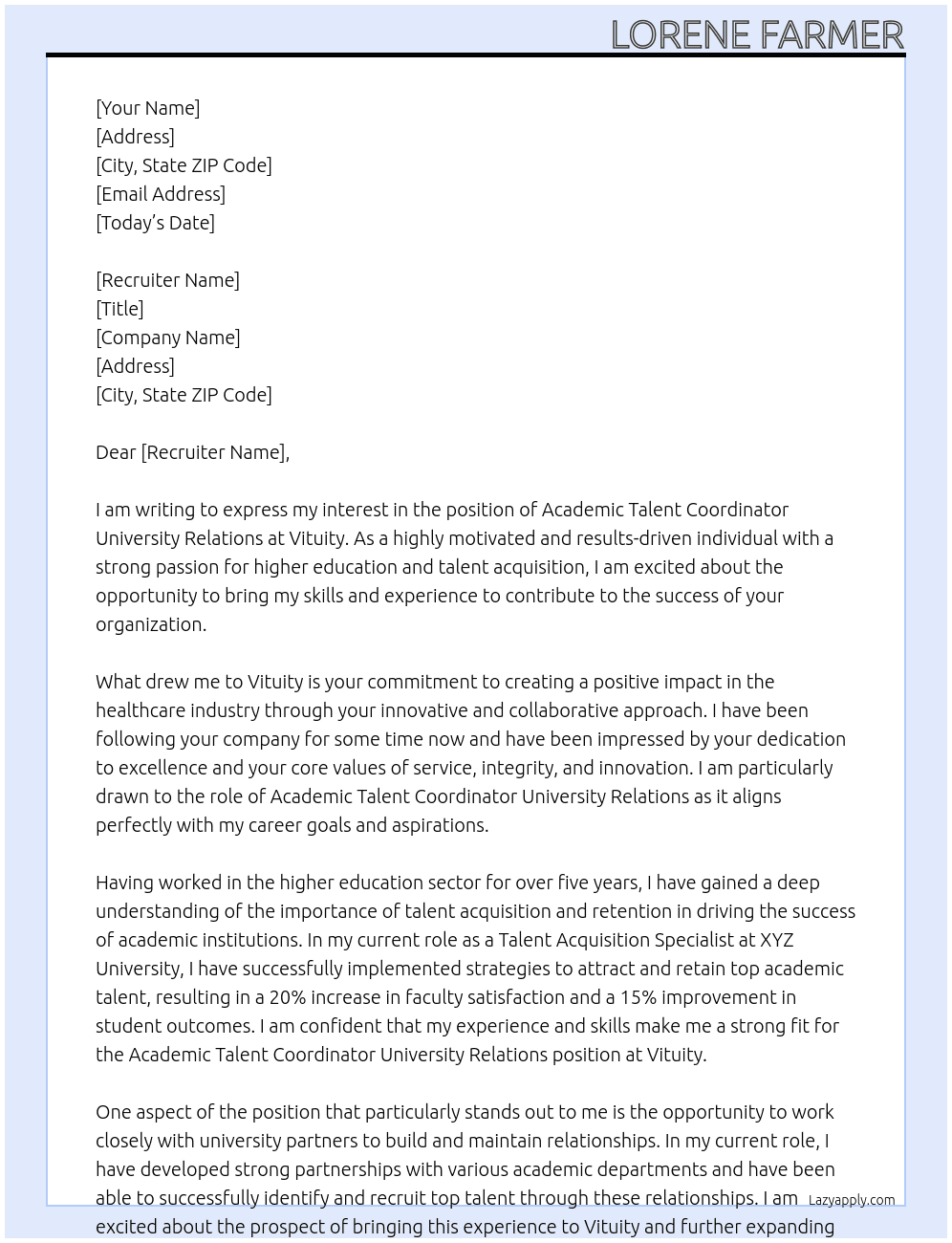 Academic Talent Coordinator University Relations At Vituity Cover Letter