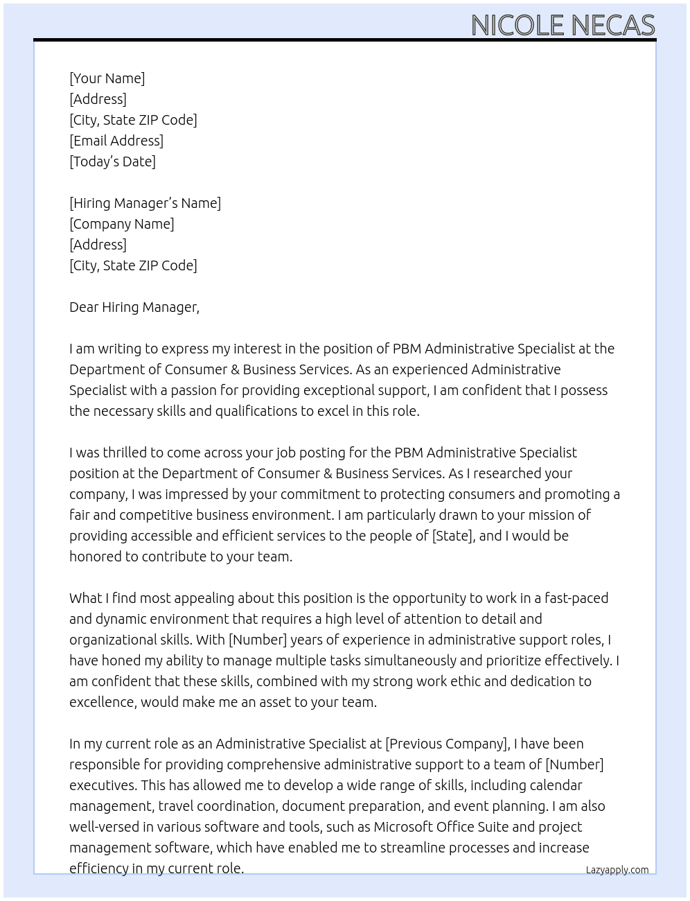 PBM Administrative Specialist (Administrative Specialist 2) At Department of Consumer & Business Services Cover Letter