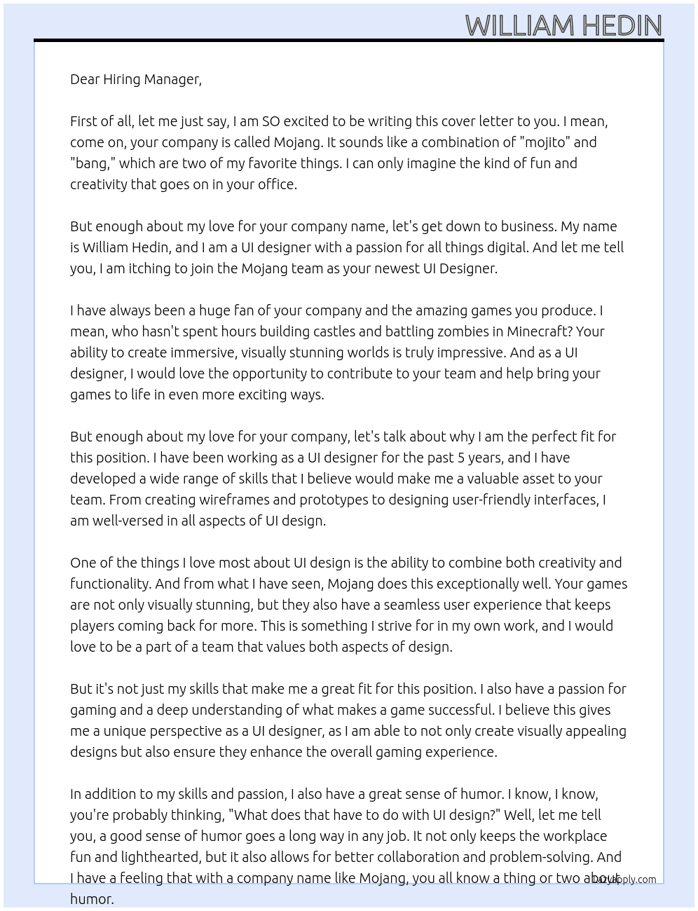 UI Designer At Mojang Cover Letter