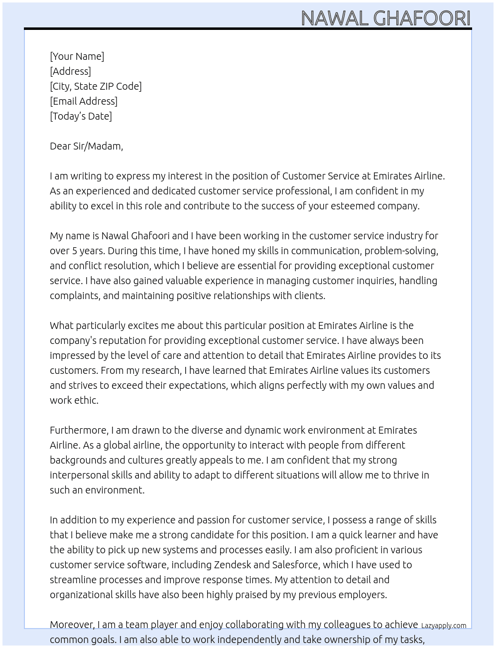 COUSTOMER SERVICE EMIRATS AIRLINE  At EMIRATS AIRLINE  Cover Letter