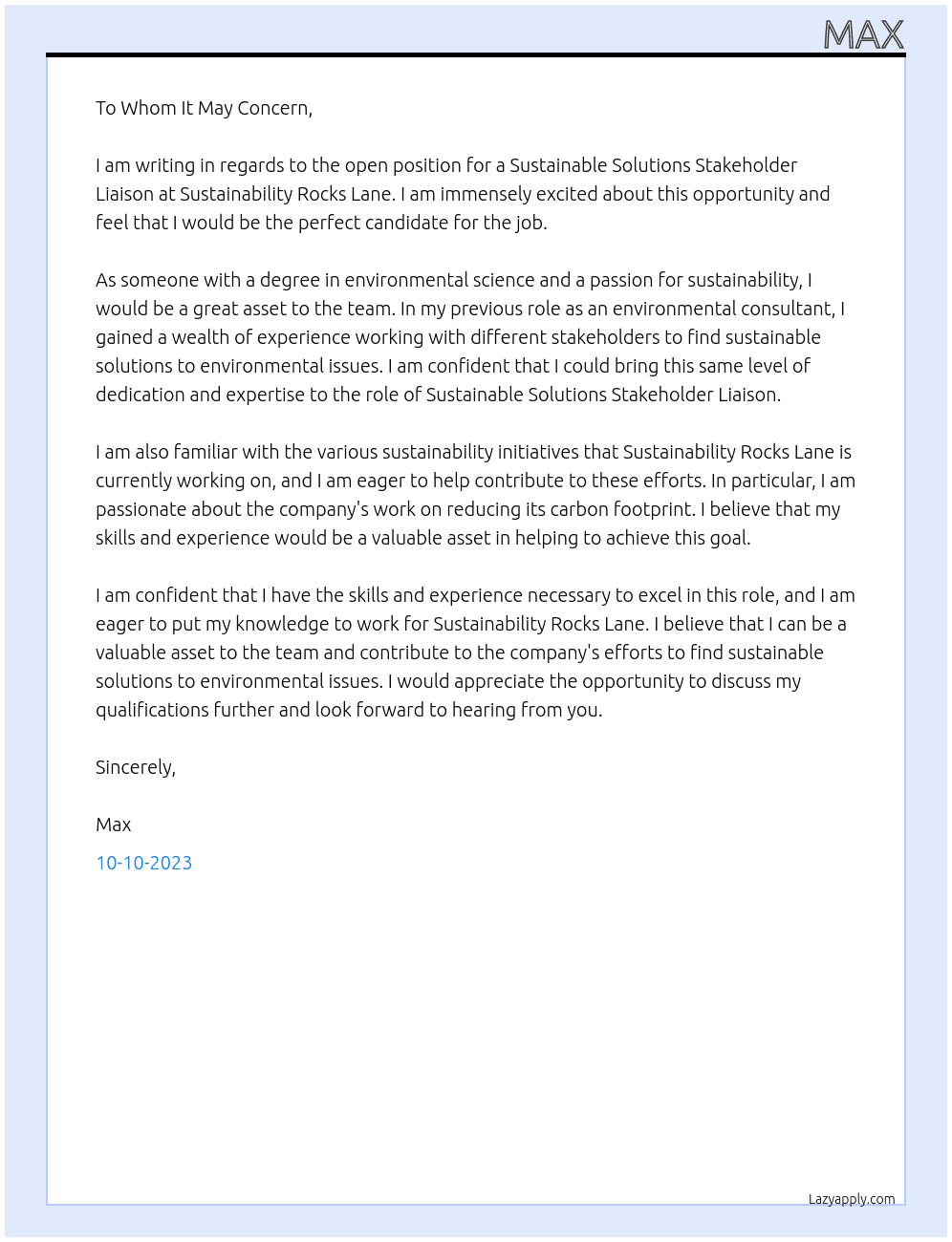 Sustainable Solutions Stakeholder Liaison  At Sustainability Rocks Lane Cover Letter