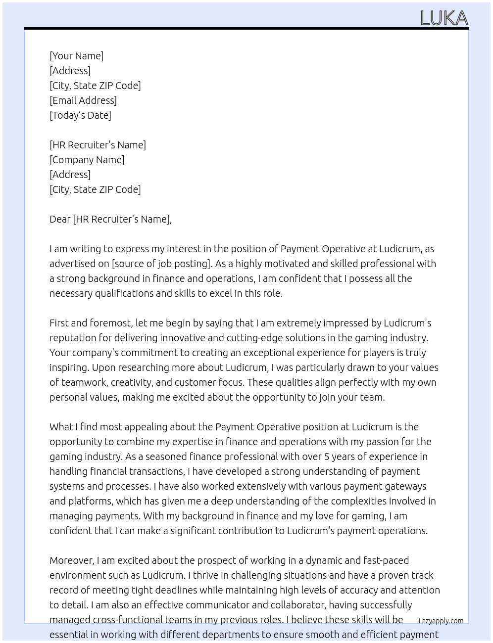 Payment Operative At Ludicrum Cover Letter