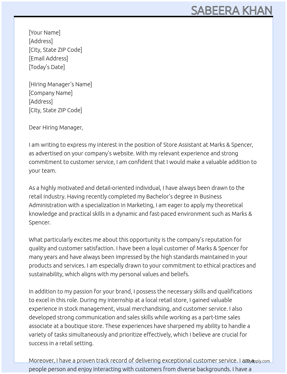 Store Assistant  At Marks & Spencer Cover Letter
