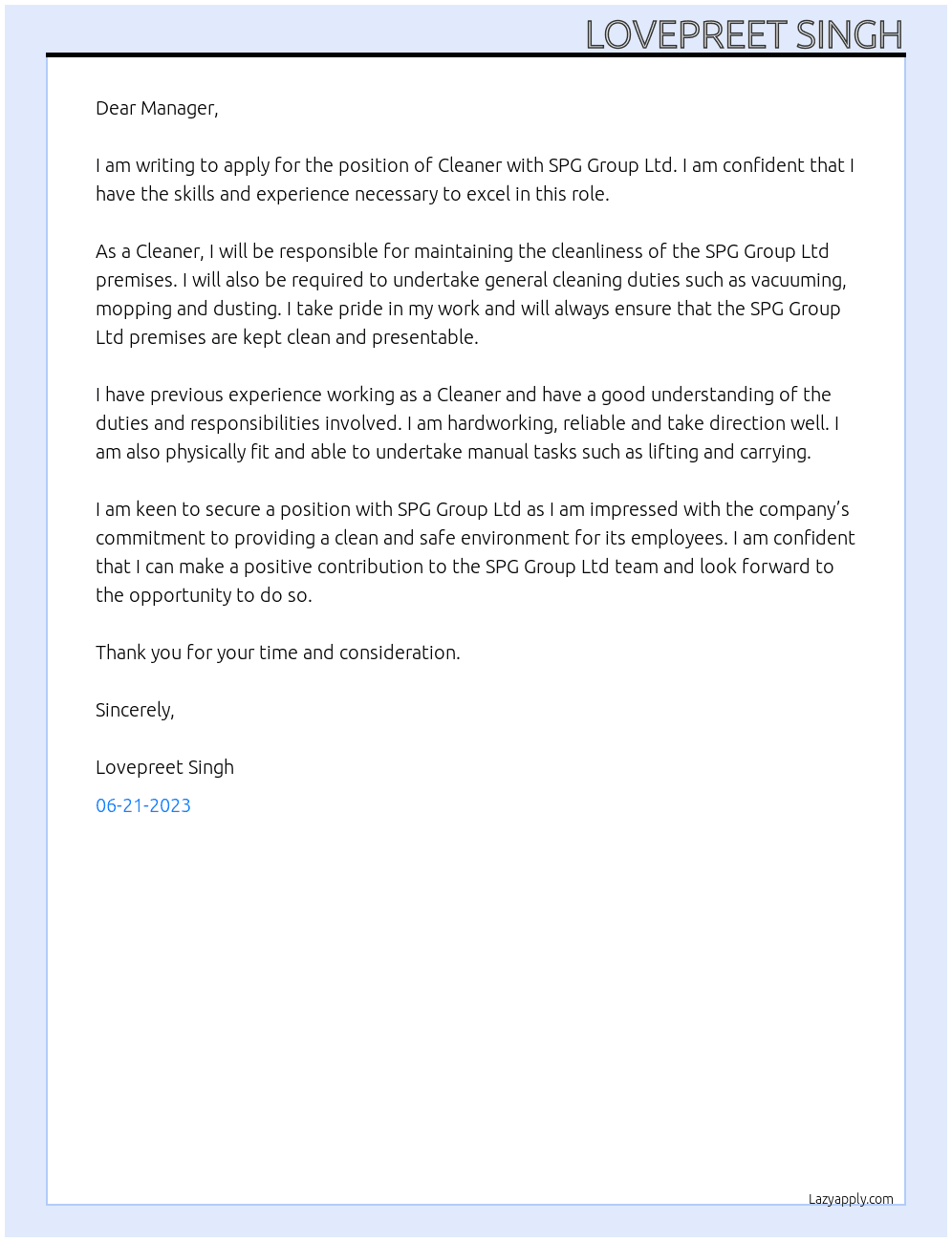 CLEANER At SPG GROUP LTD Cover Letter