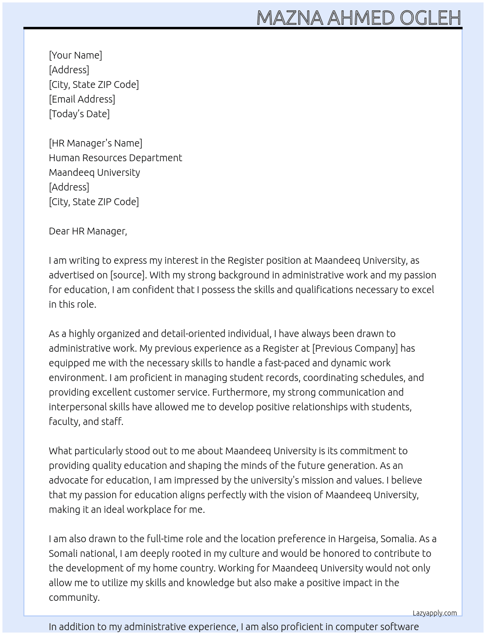 Register  At Maandeeq University Cover Letter