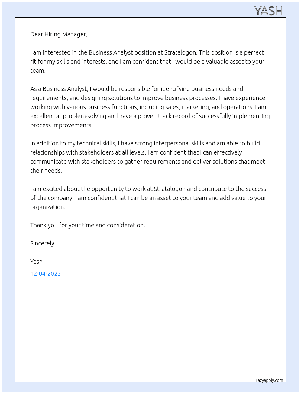 business analyst  At stratalogon Cover Letter