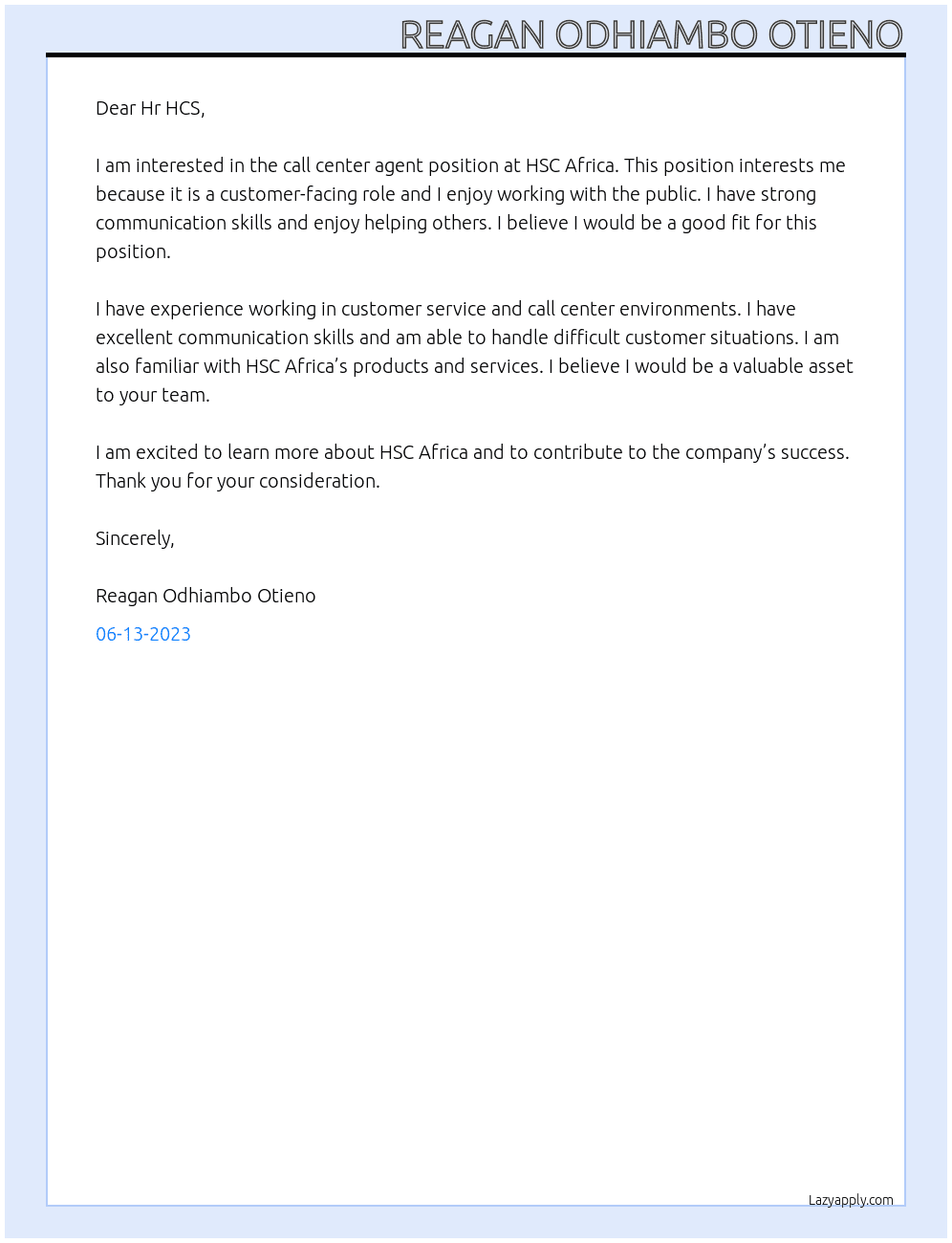 Call center agent  At HSC Africa Cover Letter