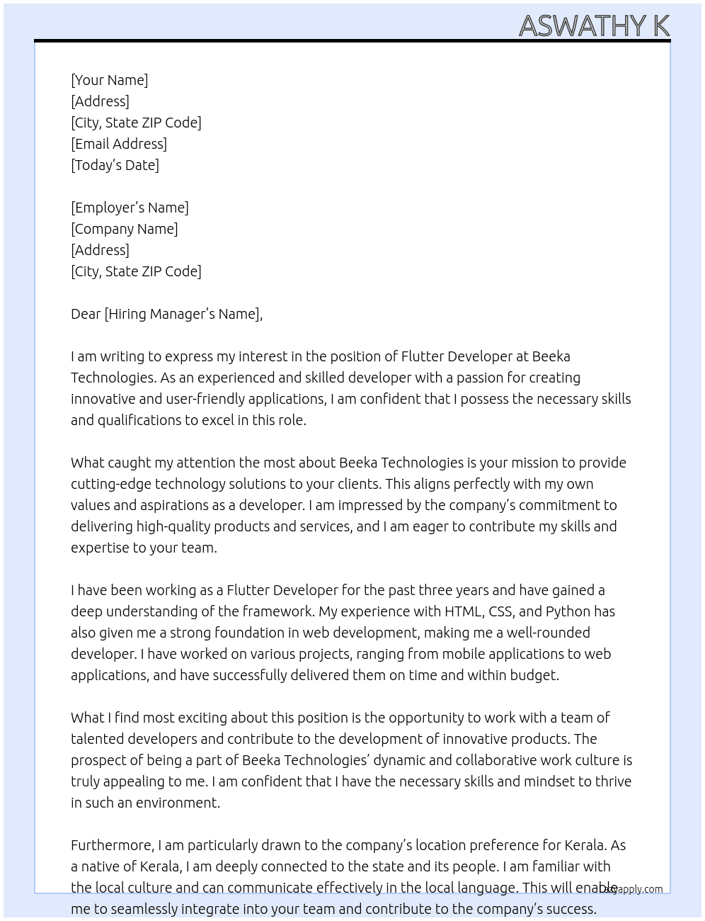 flutter developer At beeka Technologies Cover Letter