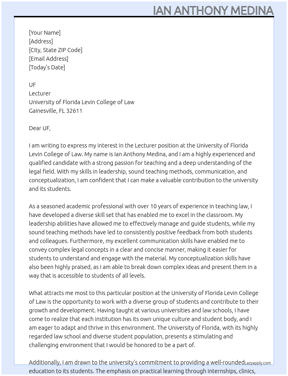 Lecturer At University of Florida Levin College of Law Cover Letter