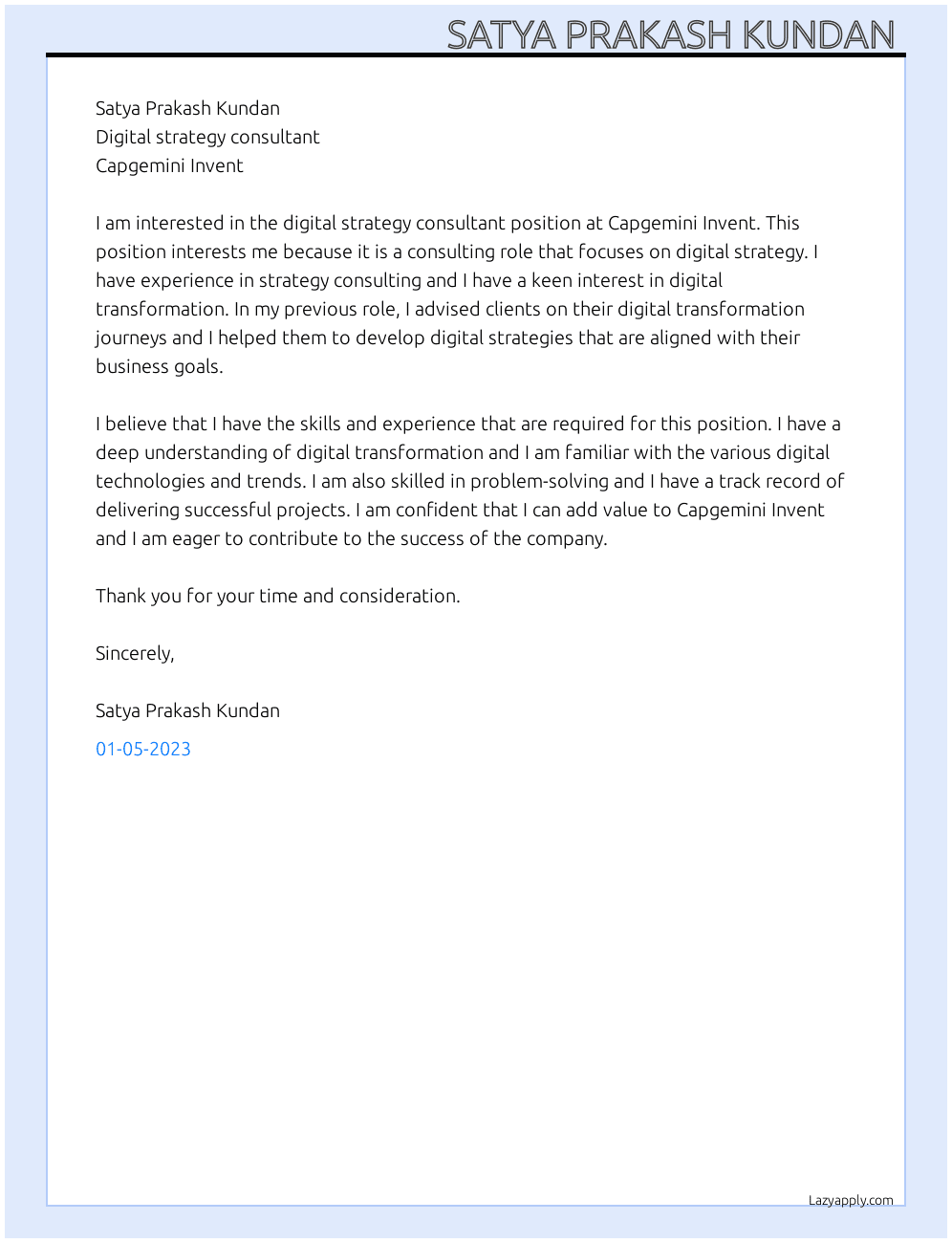 Digital strategy consultant  At Capgemini  Invent  Cover Letter