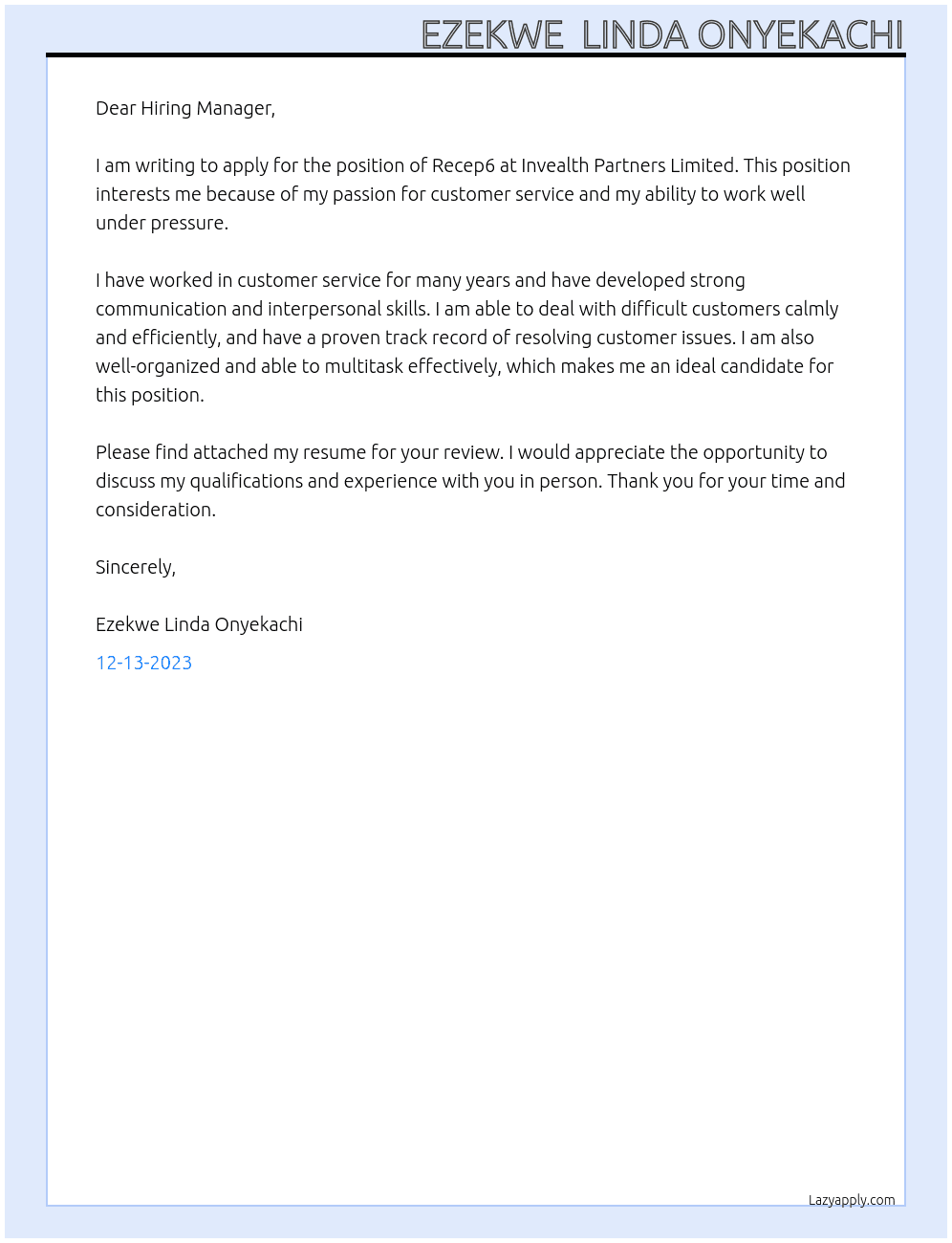 Recep6 At Invealth partners limited Cover Letter