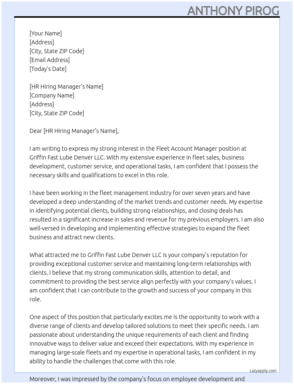 Fleet Account Manager At Griffin Fast Lube Denver LLC Cover Letter