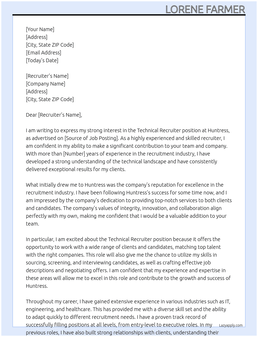 Technical Recruiter  At Huntress Cover Letter