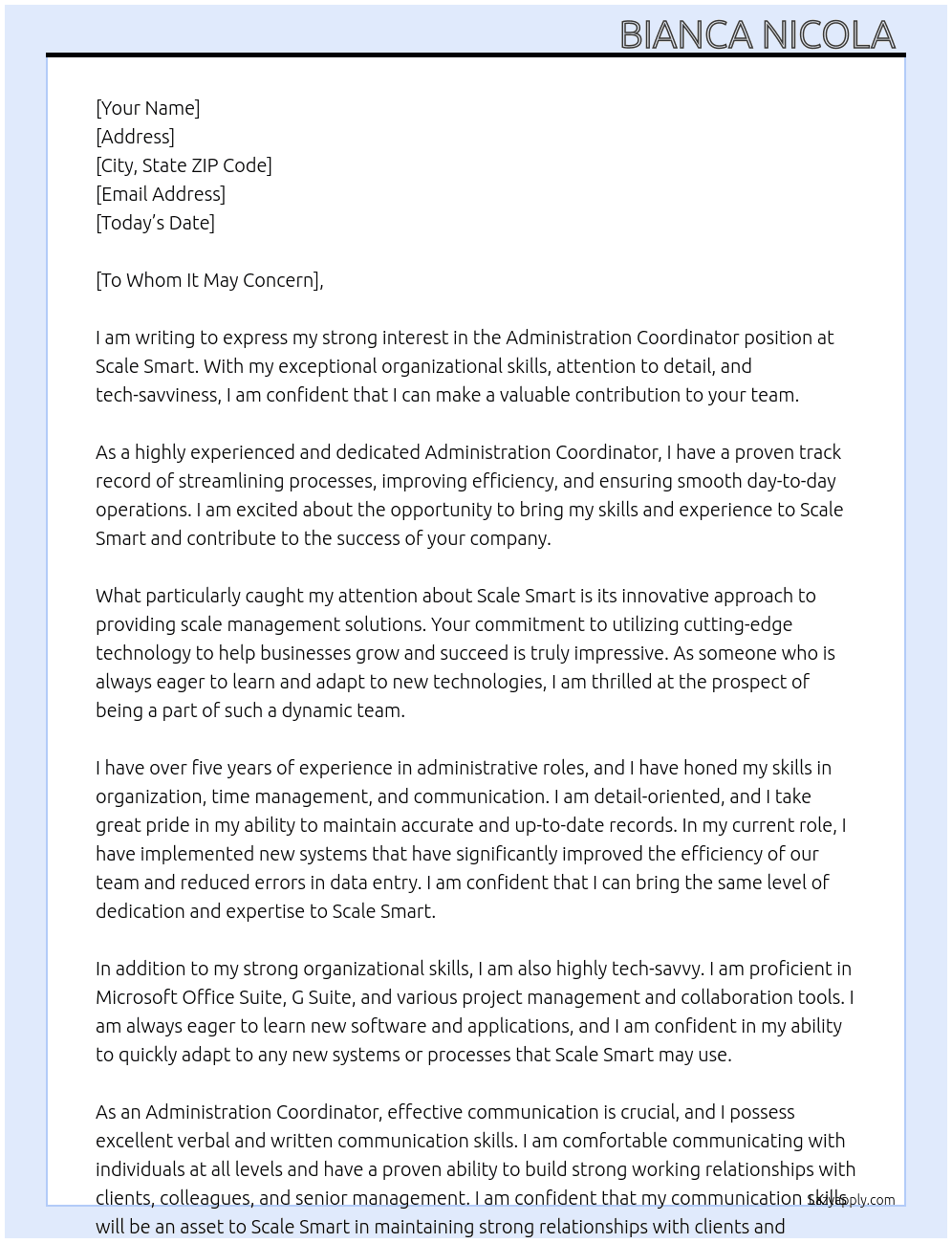 Administration coordinator  At Scale smart  Cover Letter