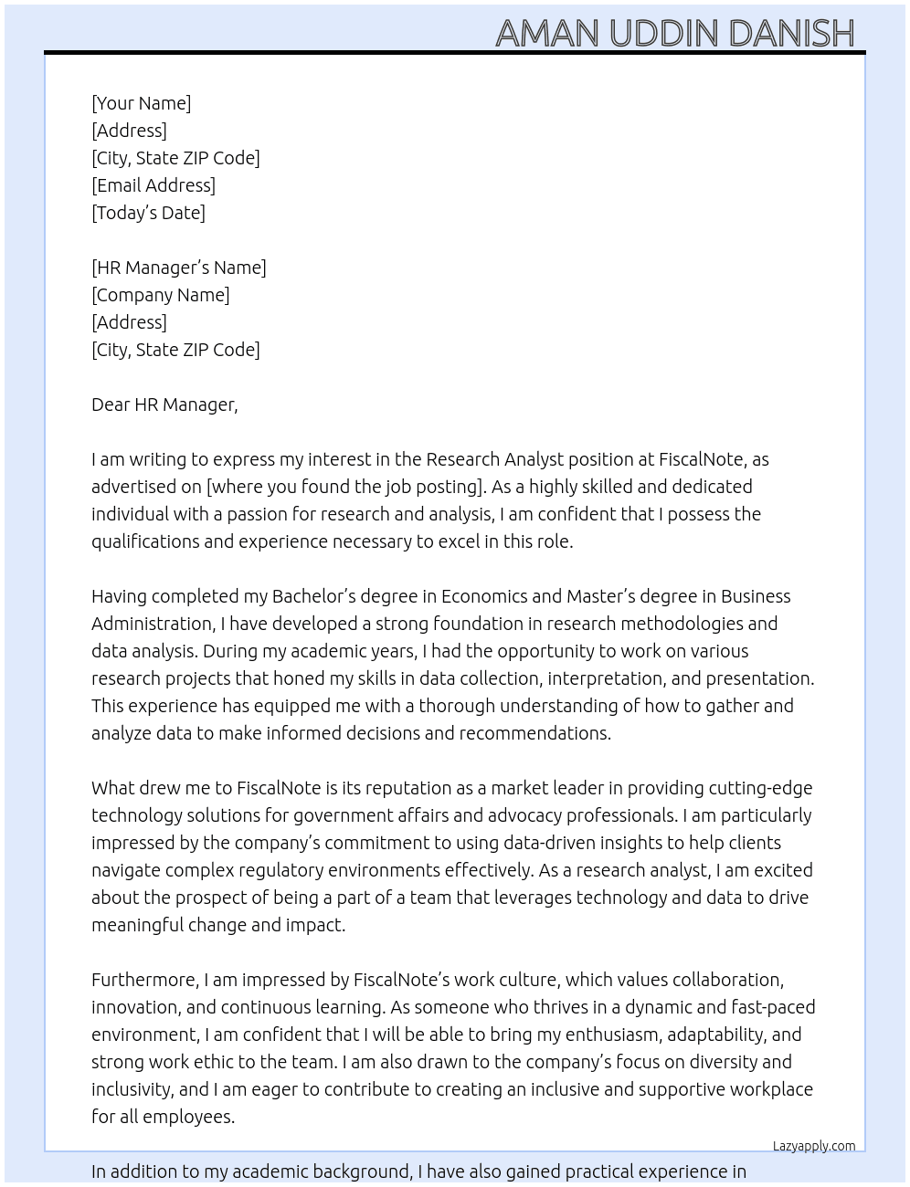 Research analyst  At FiscalNote Cover Letter
