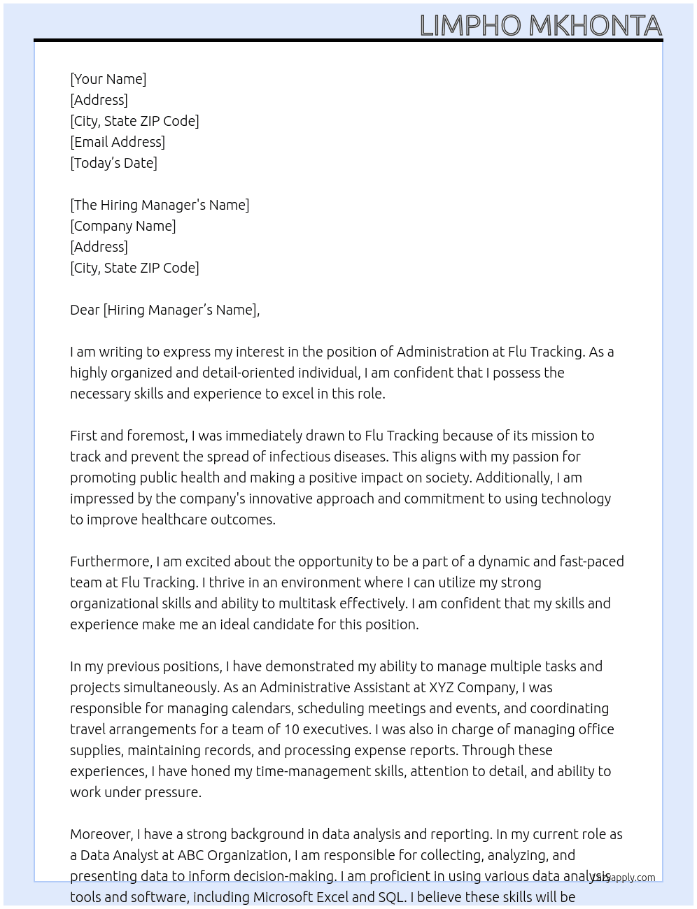 Administration At Flu Tracking Cover Letter