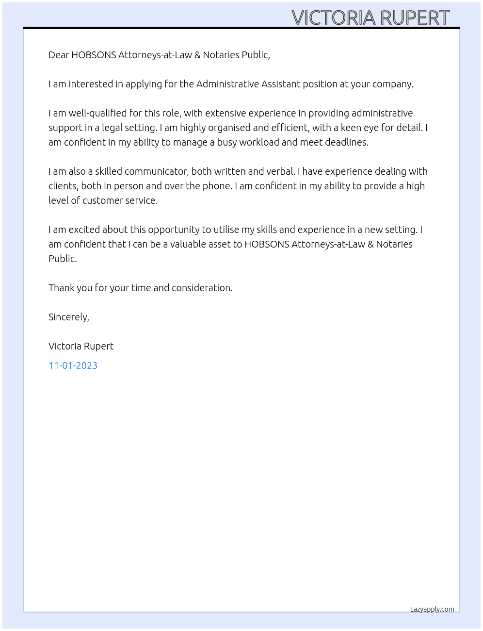 Administrative Assistant At HOBSONS Attorneys-at-Law & Notaries Public Cover Letter